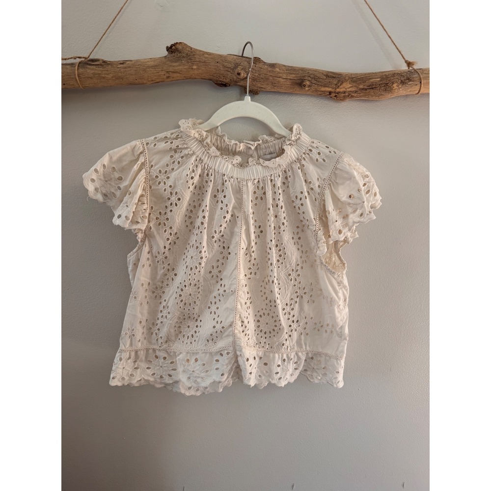 Jennifer Moore Ivory Eyelet Lace Cotton Blouse Ruffle Neck Button Back Top Large